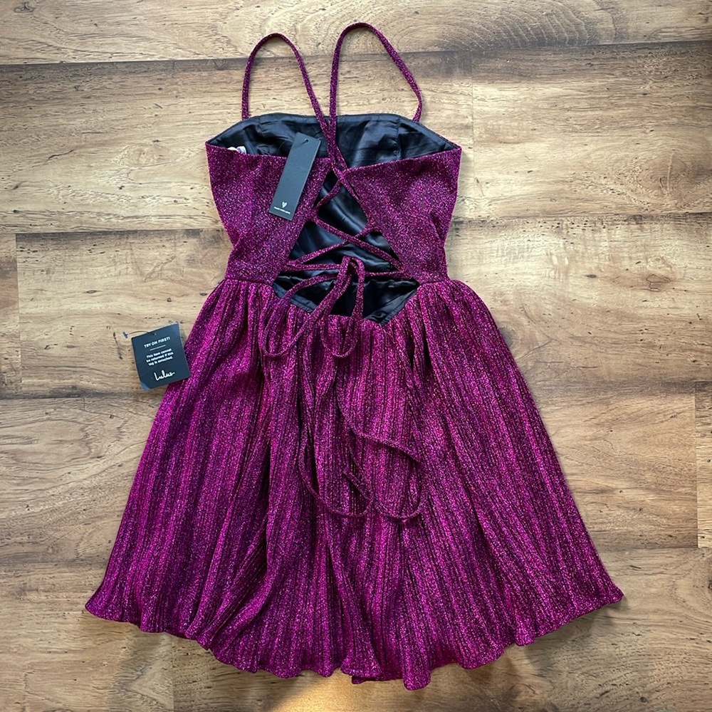 NWT Lulus Party Era Magenta Sparkly Lace-Up Pleated Skater Dress - Picture 5 of 9